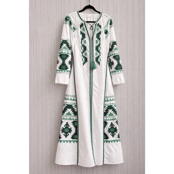 Julia Amory Dresses & Skirts - Julia Amory Coatue Caftan Dress Floral Embroidered White Green Cotton Sz XL